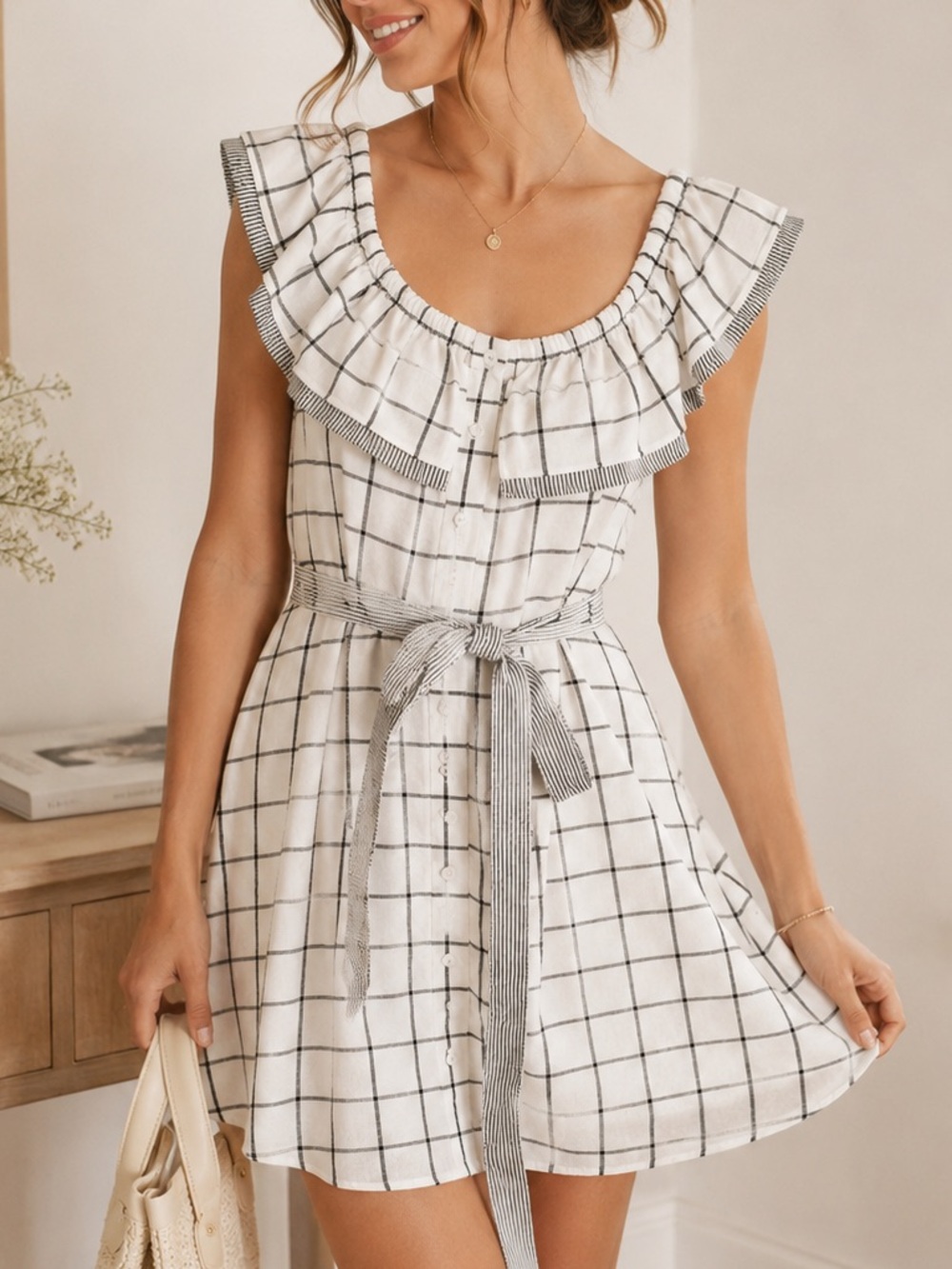 🐣Skies Are Blue White and Black Checkered Mini Dress
